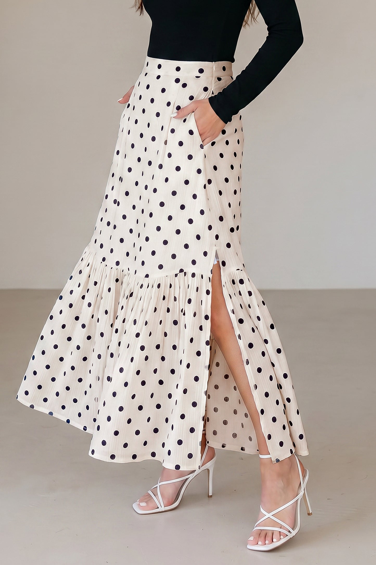 White Polka Dot Ruffle Maxi Skirt Women S–XL