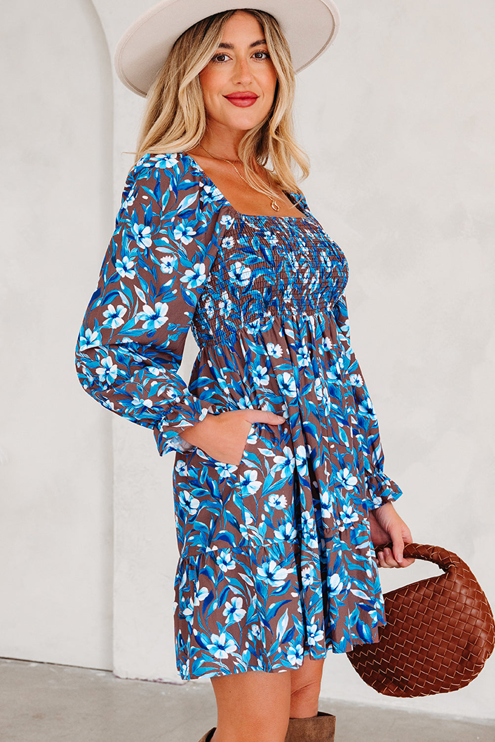 Smocked Bodice High Waist Ruffle Sleeve Floral Dress