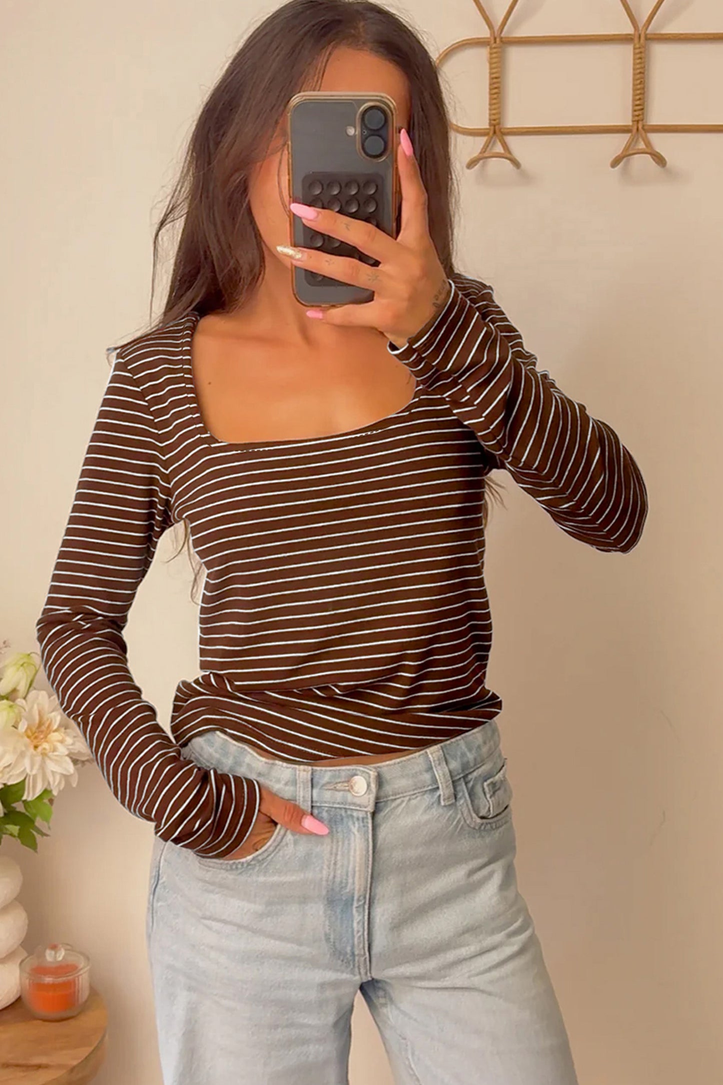 Striped Square Neck Long Sleeve Top