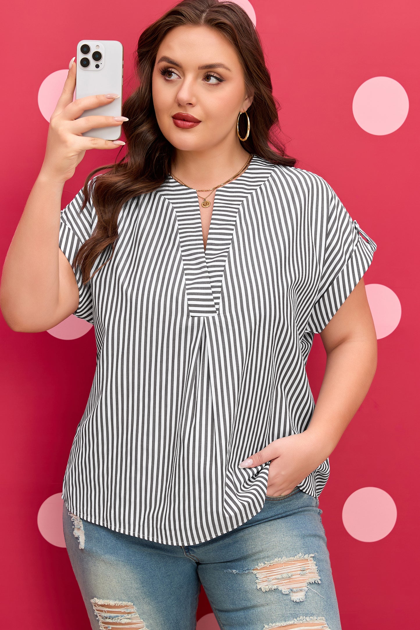 Women's Plus Size Black Striped Short Sleeve Blouse 1X–4X