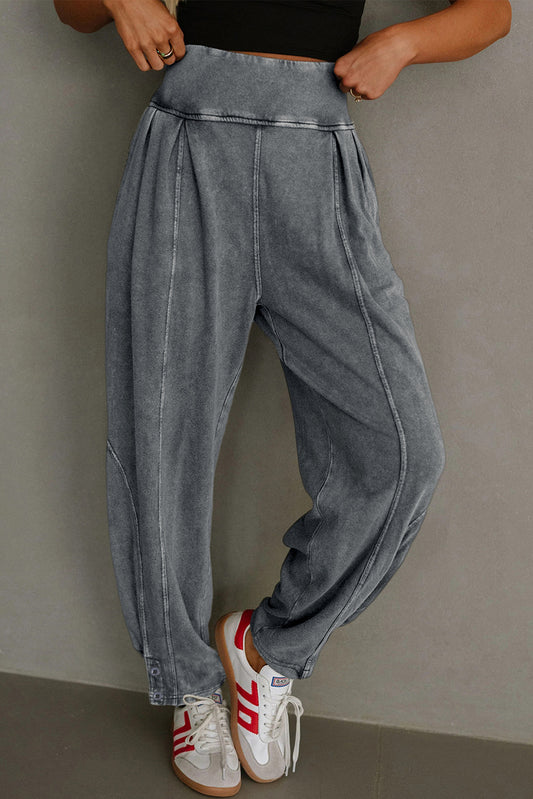 Grey Mineral Wash High Waist Smocked Jogger Pants