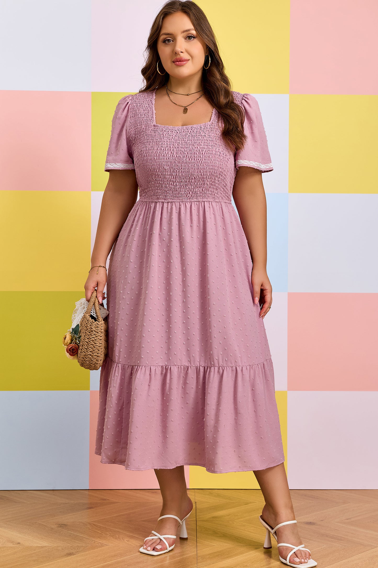 Plus Size Swiss Dot Smocked High Waist Flowy Midi Dress Pink 1X–4X