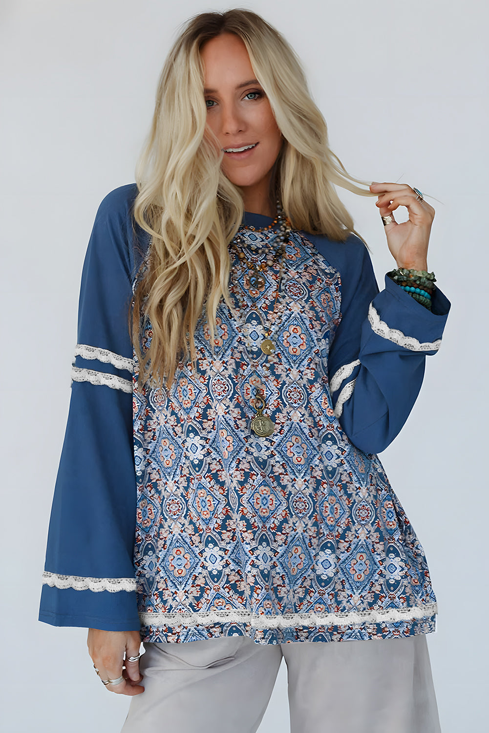 Blue Geometric Print Ric-Rac Lace Patchwork Raglan Long Sleeve Top – Women's Boho Western Pullover (S–XL)