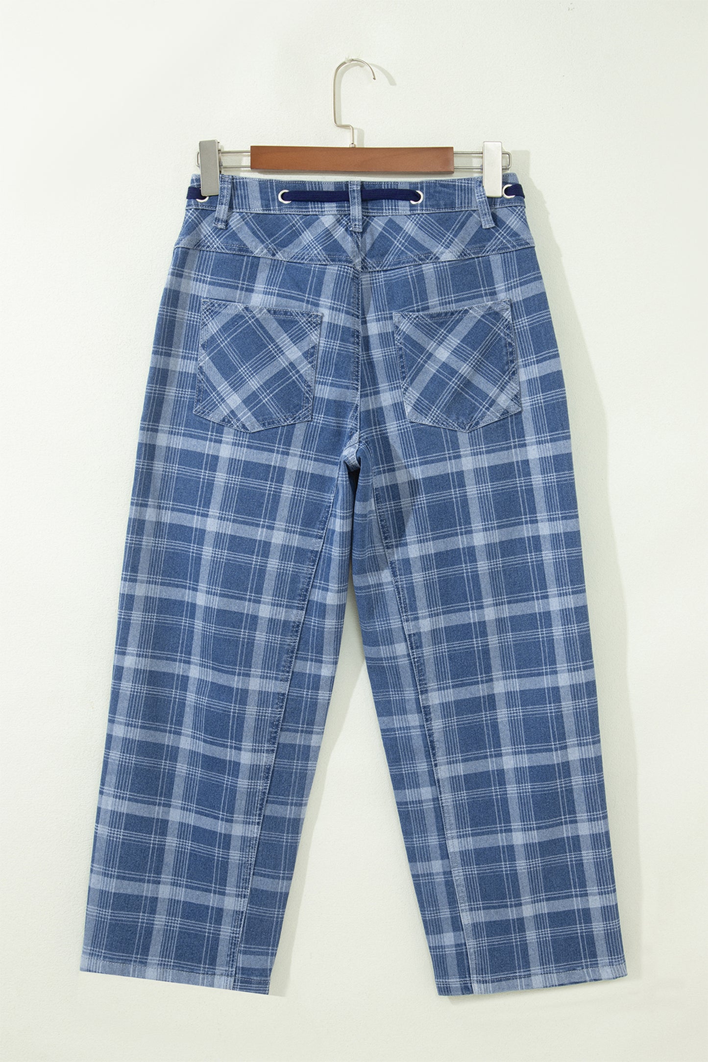 Womens Denim Plaid Drawstring Waist Ankle-Length Jeans S–XL