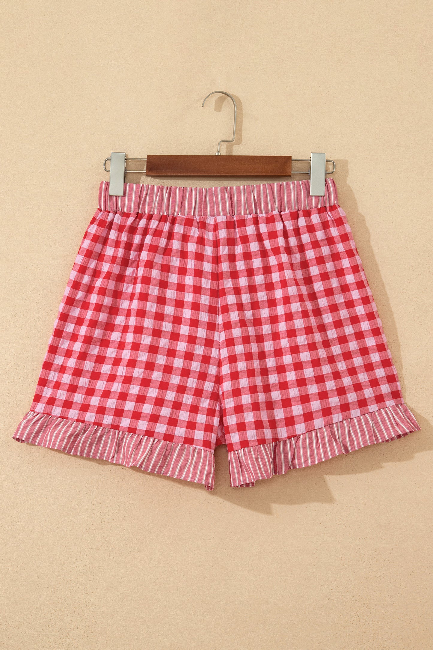 Plaid Print Ruffle Shorts with Striped Detail & Lace Tie | Women S–XL