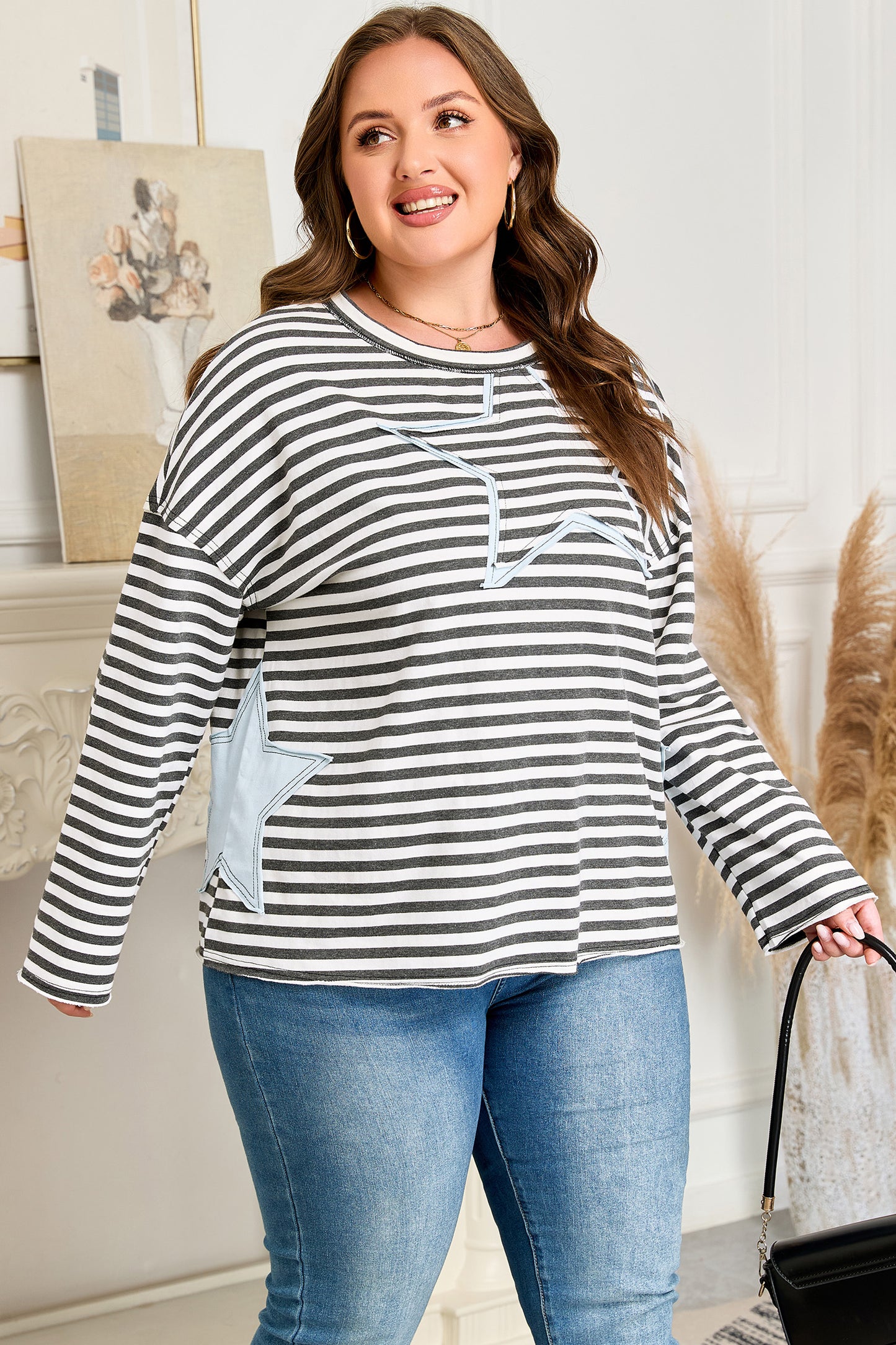 Plus Size Grey Striped Cotton Long Sleeve Top Women 1X–4X