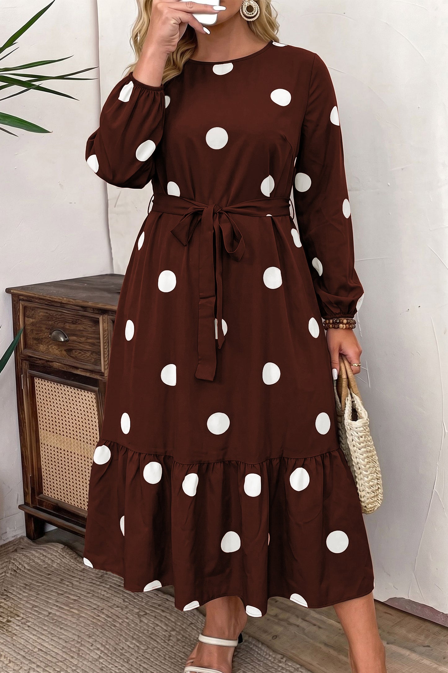 Plus Size Polka Dot Tie Waist Midi Dress Women 1X to 4X