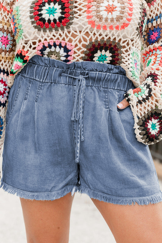Raw Hem Lace-Up High Waist Denim Shorts | Plus Size | Denim Blue | 1X–4X