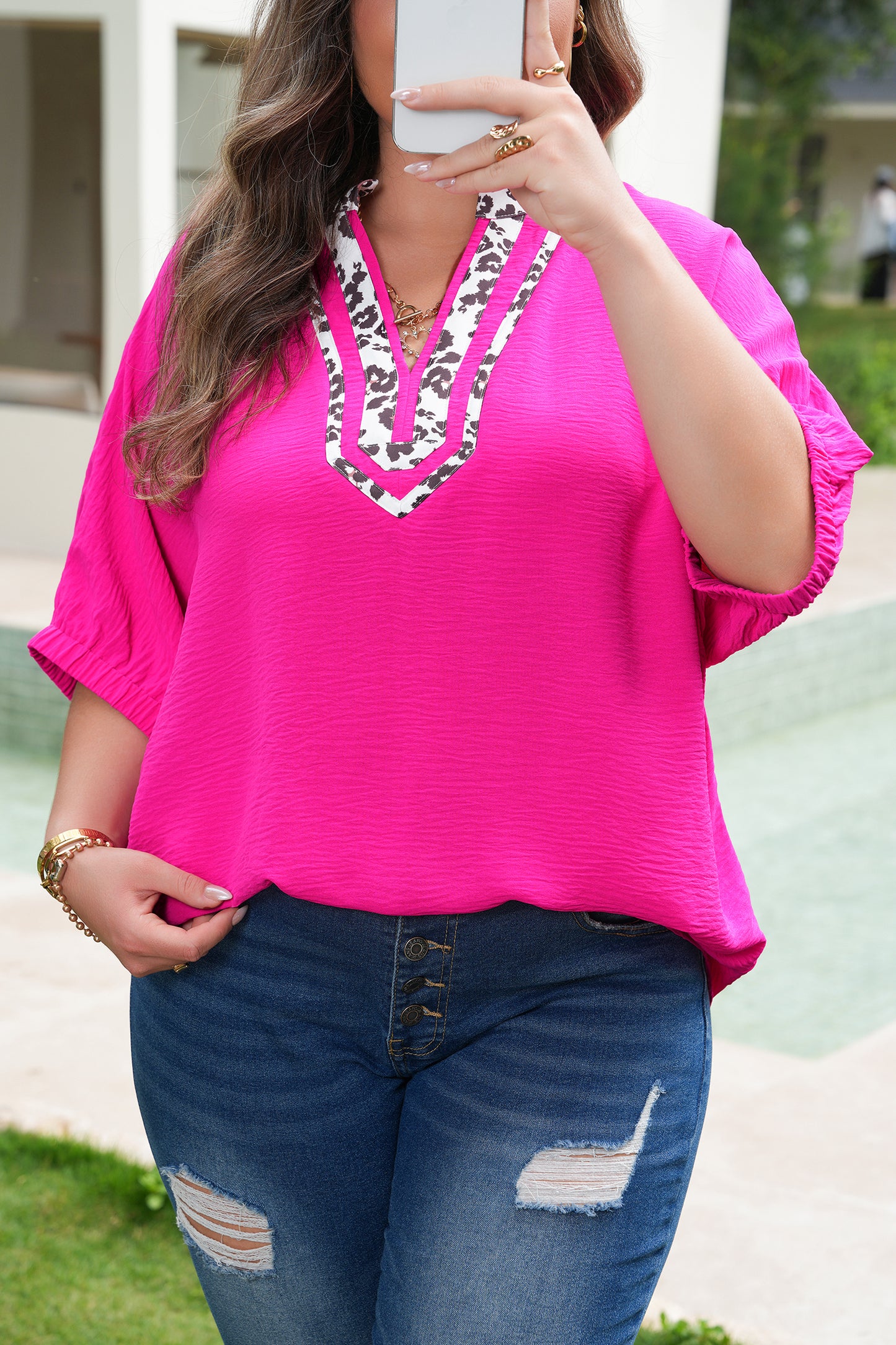 Plus Size Pink Leopard Trim Top Women 1X–4X