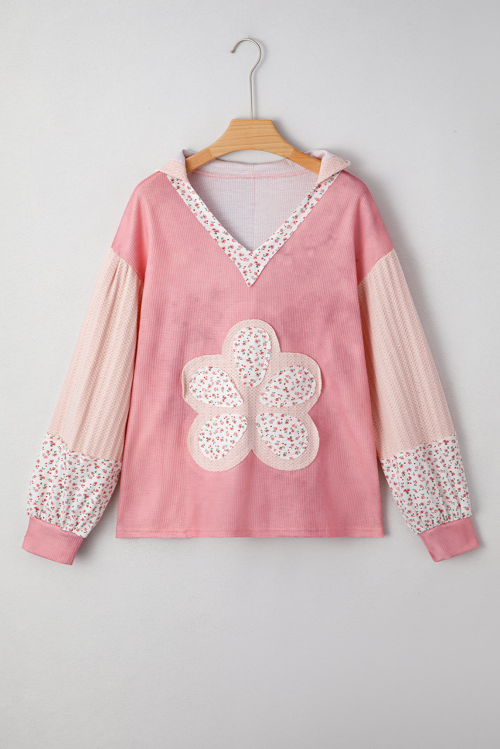 Floral Patch Waffle Texture Colorblock V-Neck Hoodie Top