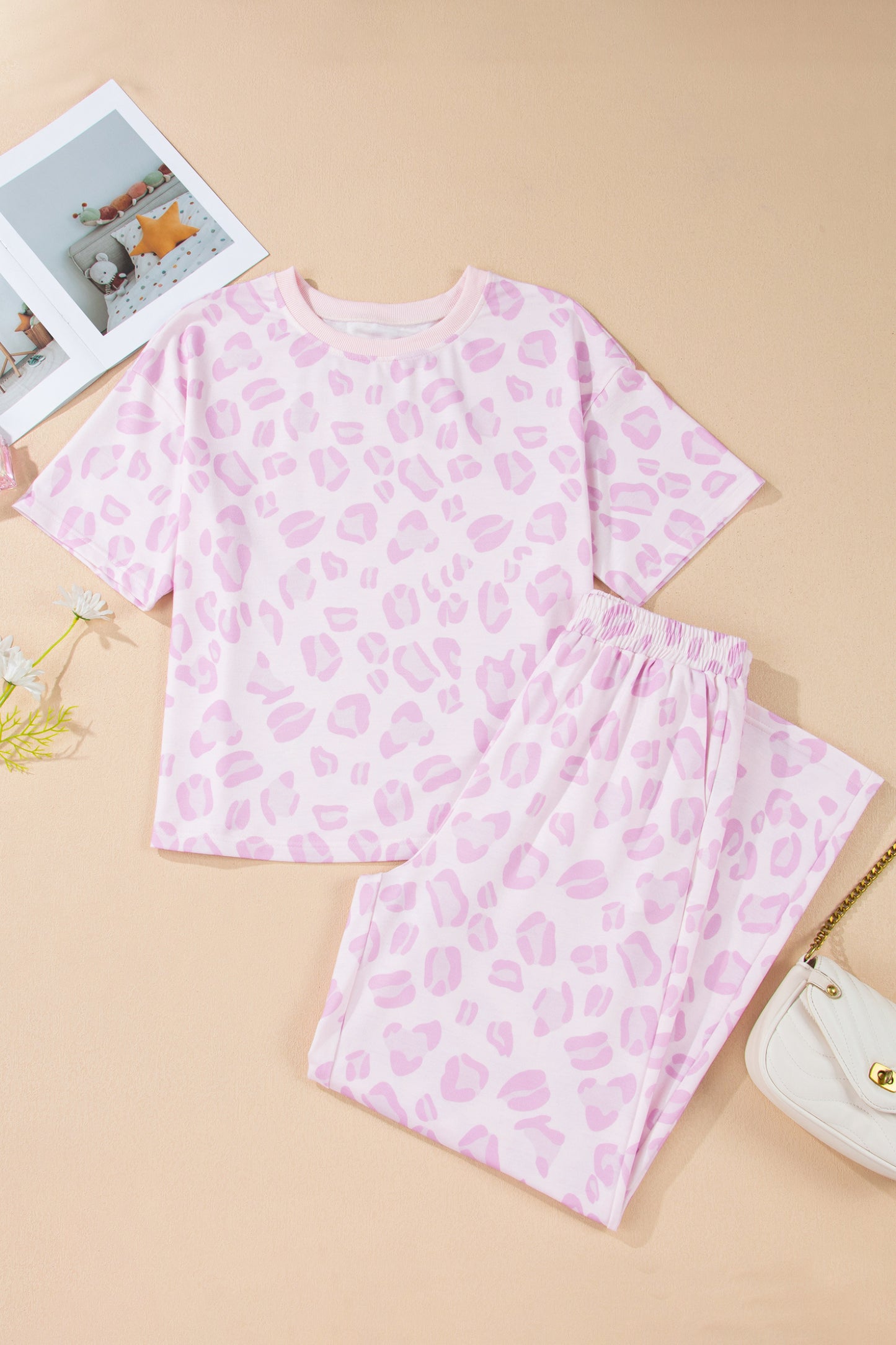Pink Leopard Print Short Sleeve Top & Pants Two-Piece Set | S–XL