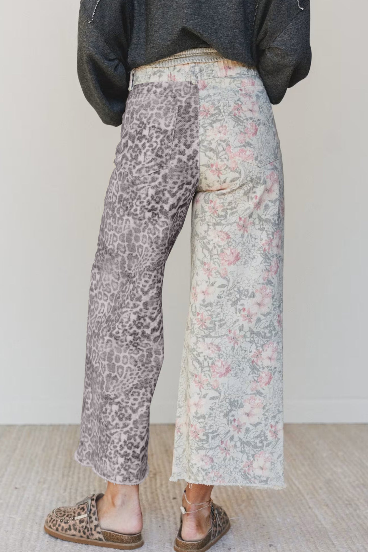 Cropped Wide Leg Jeans Retro Floral Leopard Patchwork Raw Hem Women Size 4–16