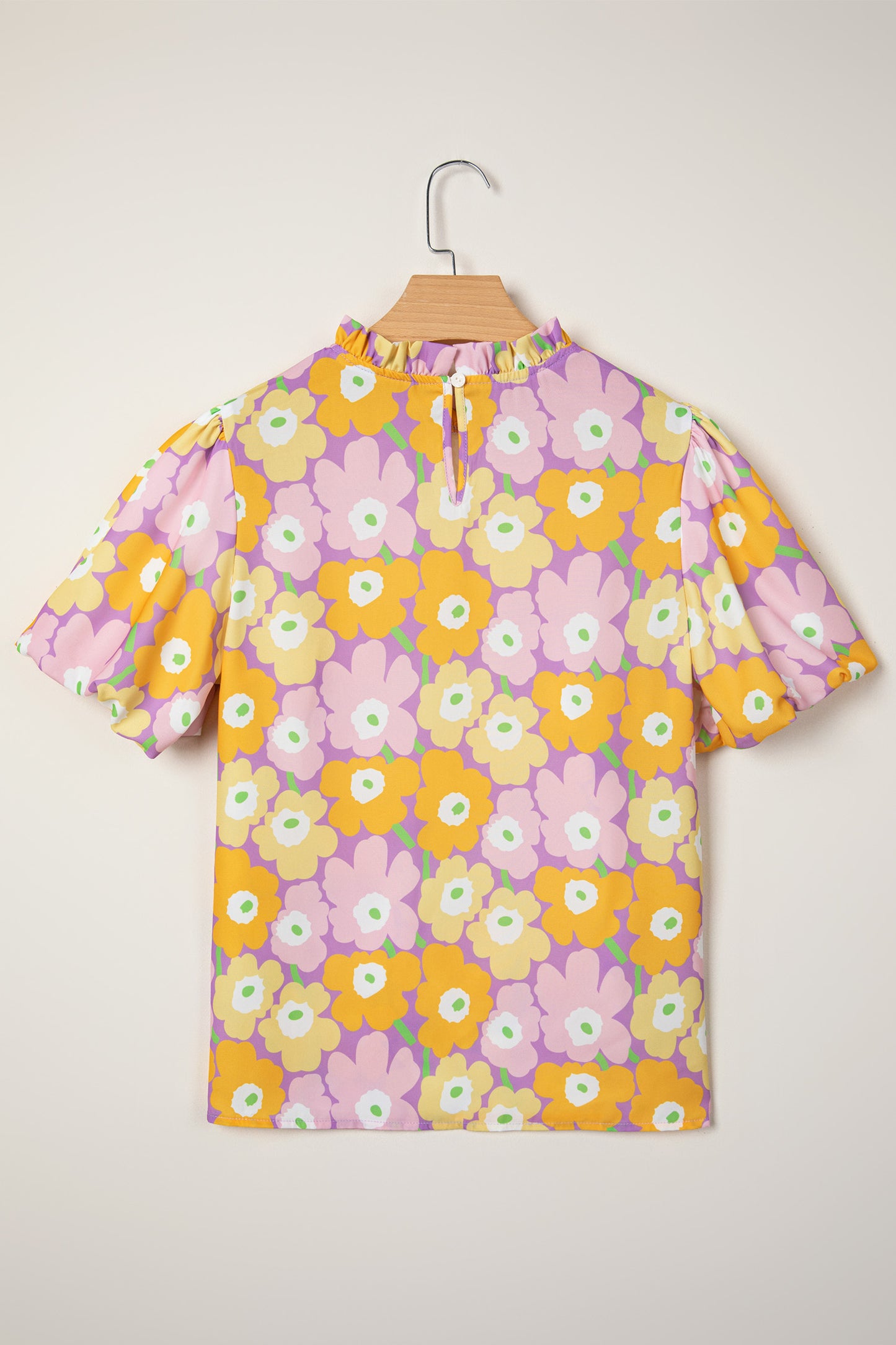Floral Frilled Neck Puff Sleeve Blouse