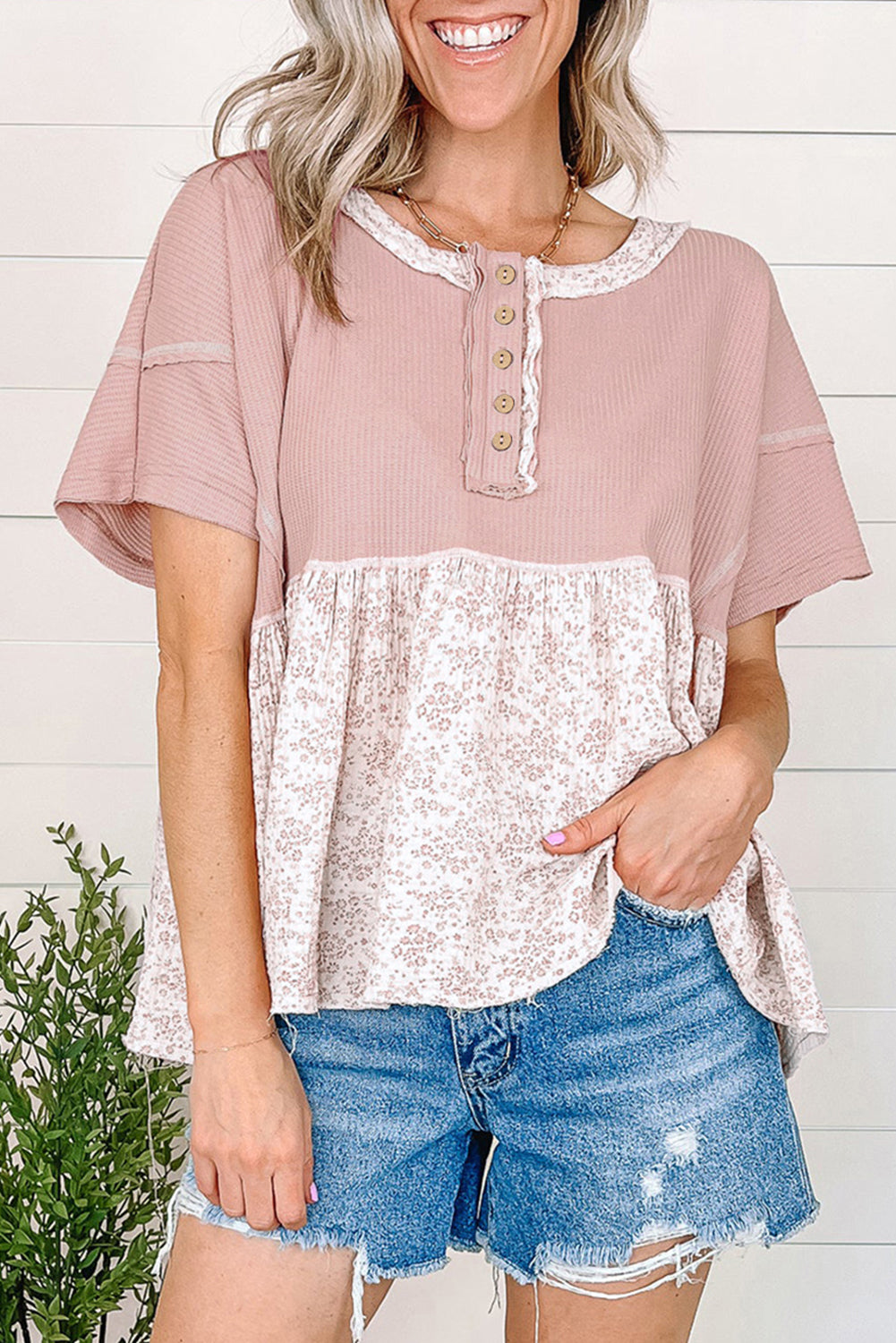 Pink Waffle Knit Floral Crinkle Patchwork Exposed Seam Short Sleeve Top – Women's Edgy Casual Tee (S–XL)
