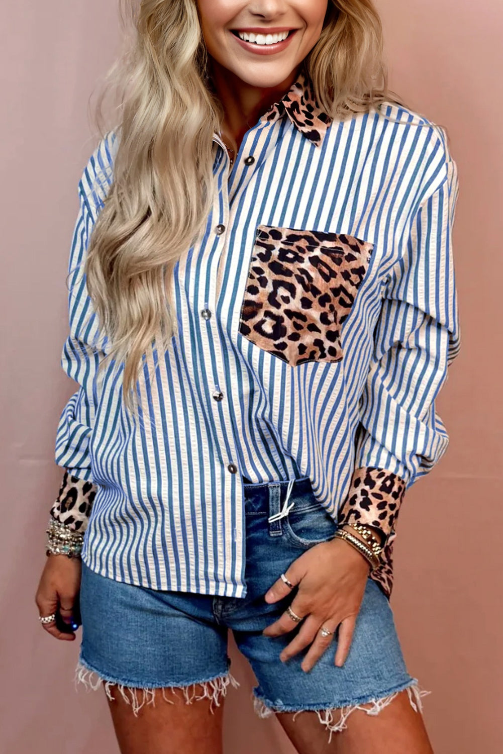 Striped Leopard Print Patchwork Button-Up Shirt
