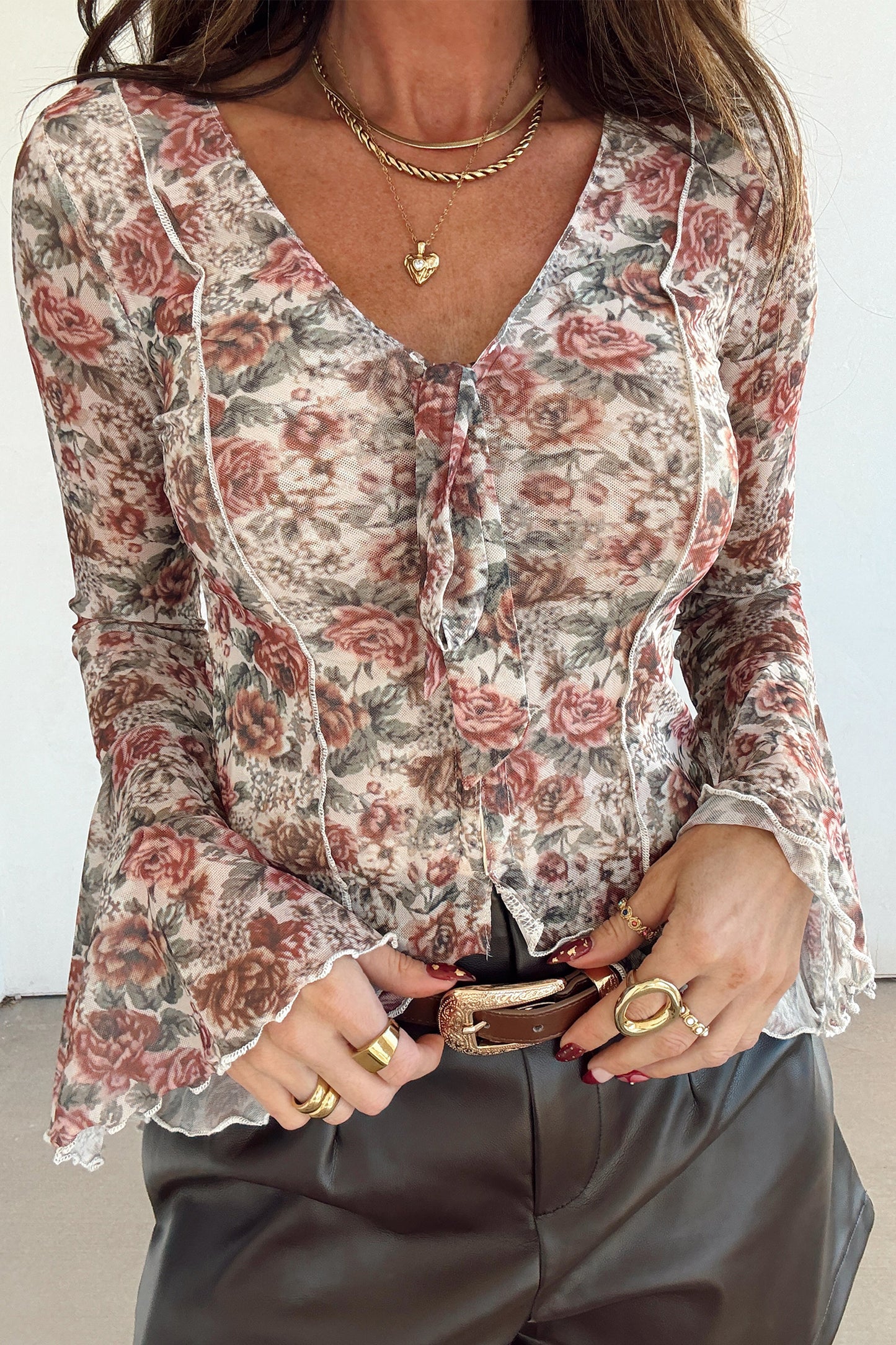 Floral Print Tie Front V-Neck Bell Sleeve Blouse – Women S–XL