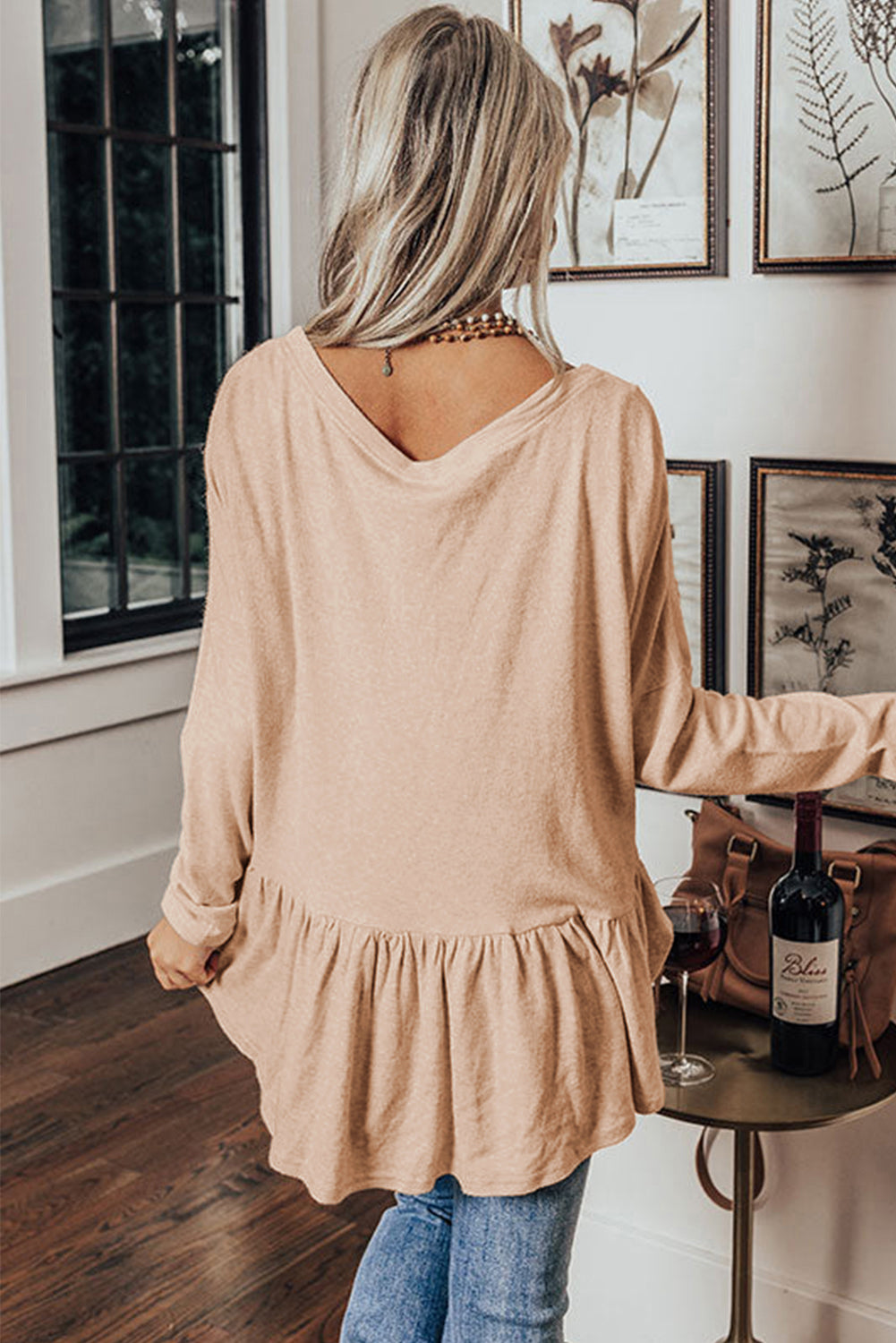 Beige Ruffled Hem Buttoned V-Neck Long Sleeve Shirt