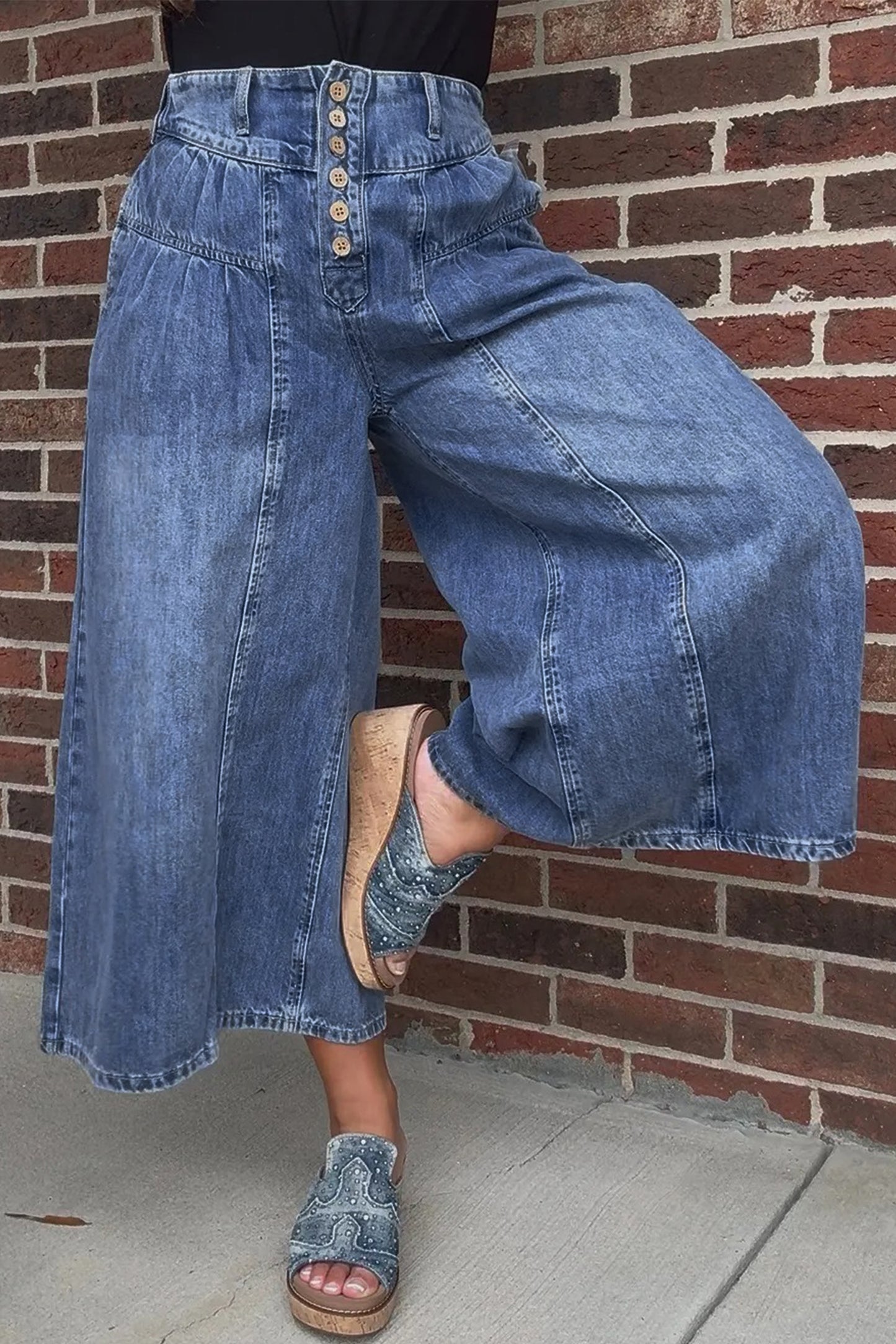 High-Rise Pleated Wide-Leg Cropped Denim Jeans | Dusk Blue