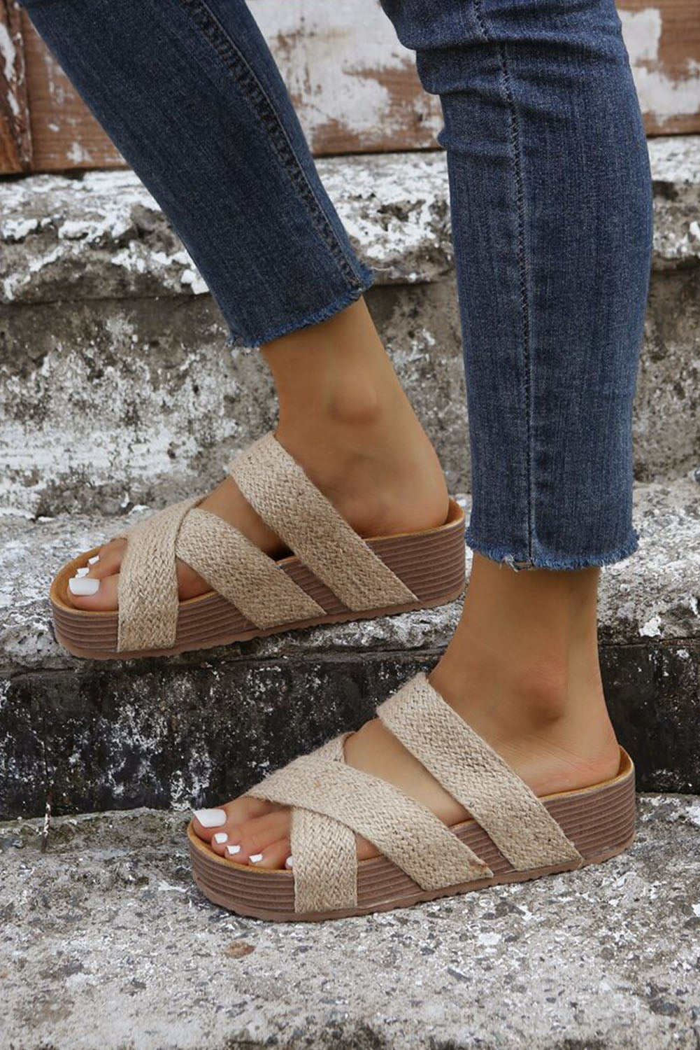 Beige Woven Crisscross Hollowed Platform Slides