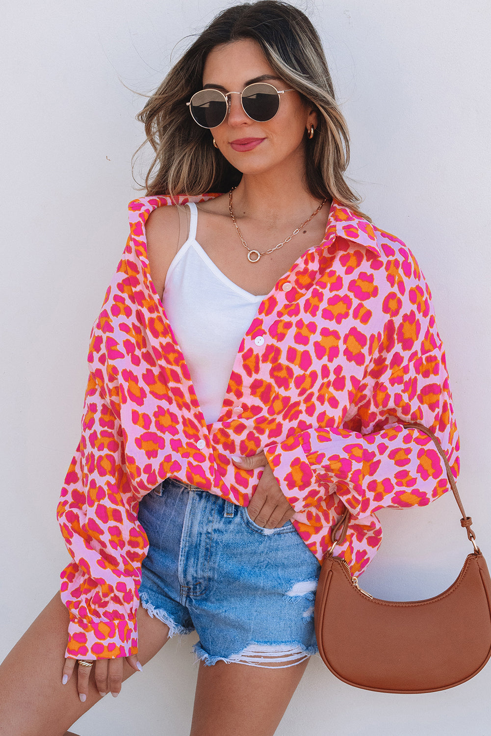 Rose Leopard Print Button-Up Loose Shirt – Women's Casual Blouse (S–XL)