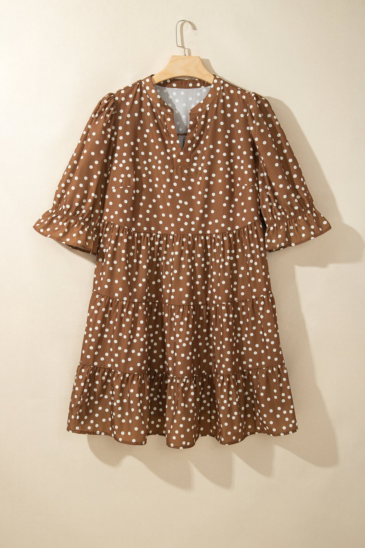Plus Size Brown Polka Dot Long Sleeve V-Neck Shift Dress 1X to 4X