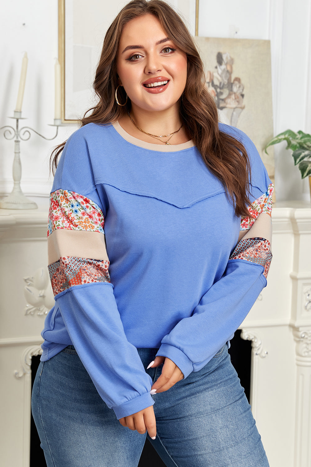 Floral Patchwork Exposed Seam Relaxed Sweatshirt | Plus Size | Blue | 1X–4X