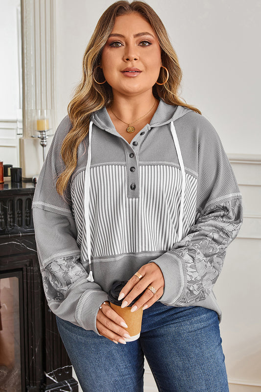 Waffle Knit Patchwork Half Button Hooded Top | Plus Size | Grey | 1X–4X