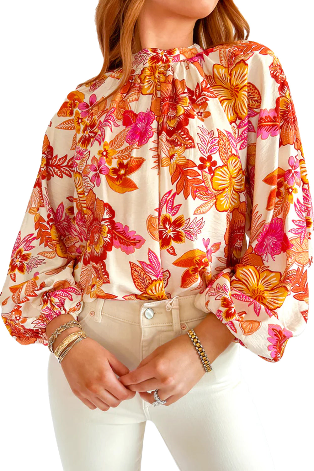 Floral Print Puff Sleeve Blouse with Pearl Button Keyhole | Orange
