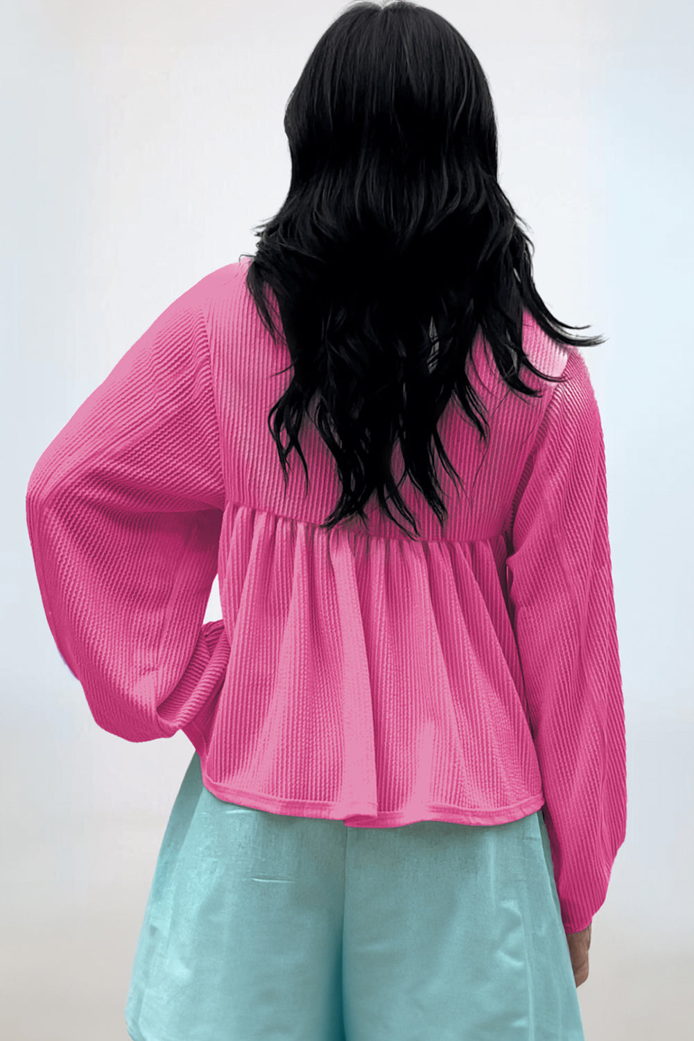 Corded Bubble Sleeve V-Neck Babydoll Blouse – Bright Pink & Tan Women S–2XL