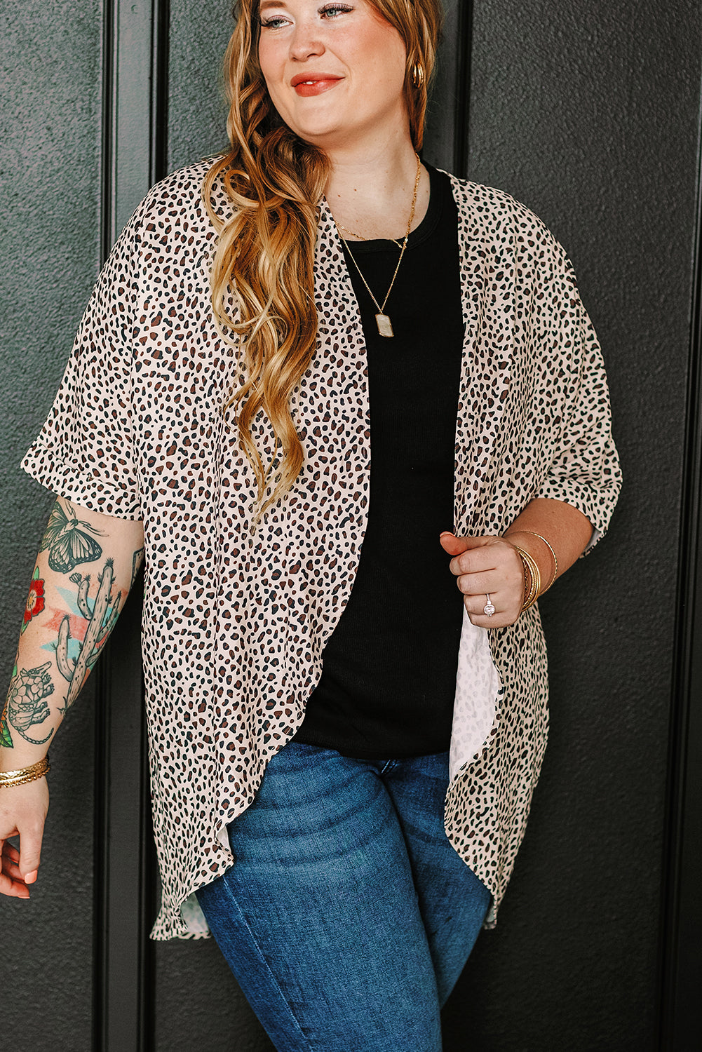 Khaki Leopard Print Open Front Cardigan – Plus Size 1X–3X