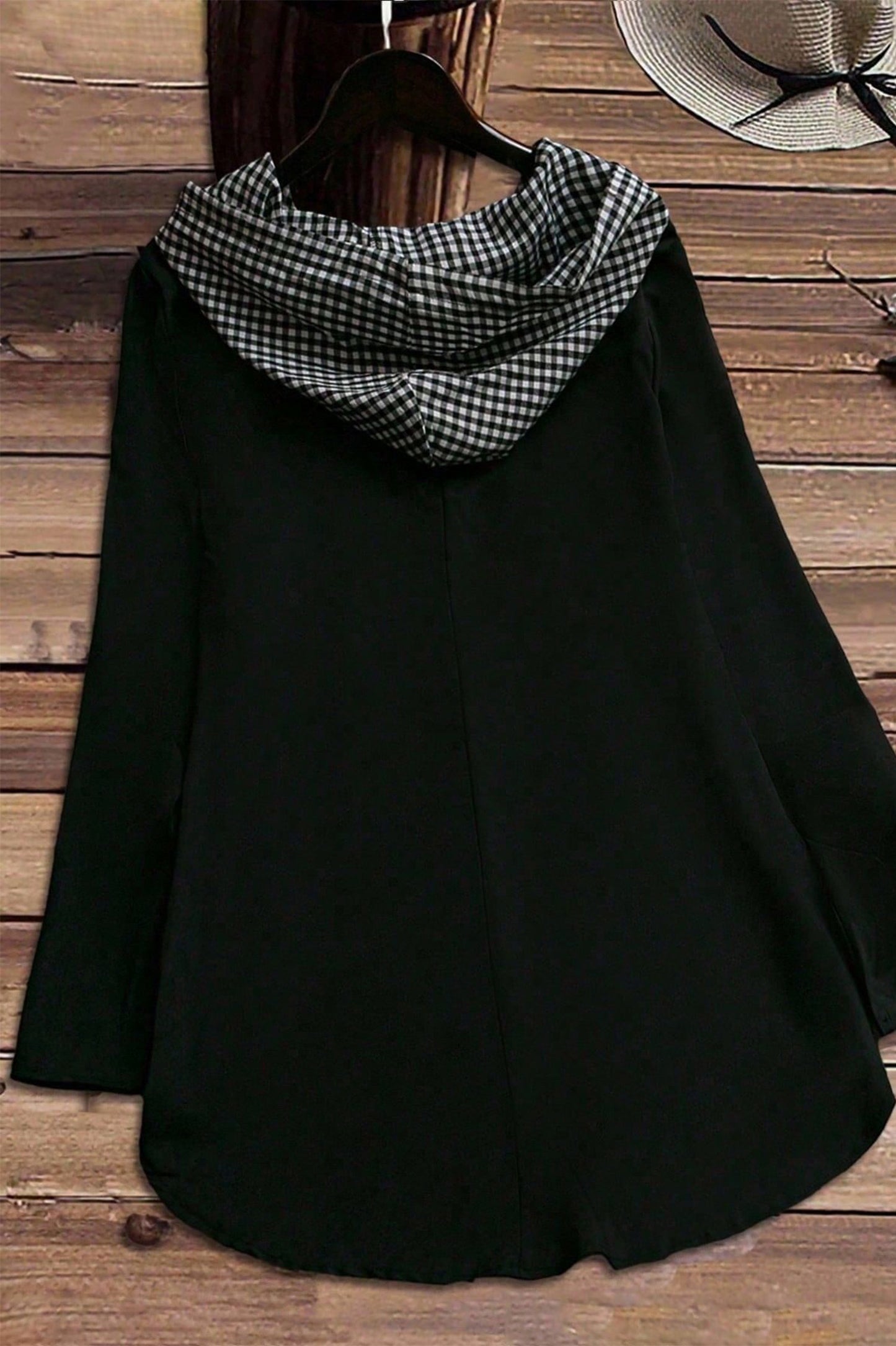 Women's Plus Size Black Hooded Checkered Print Long Sleeve Shirt 1X to 4X