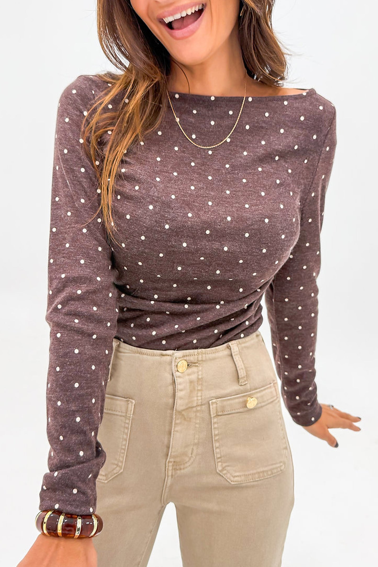 Polka Dot Boat Neck Knit Long Sleeve Shirt