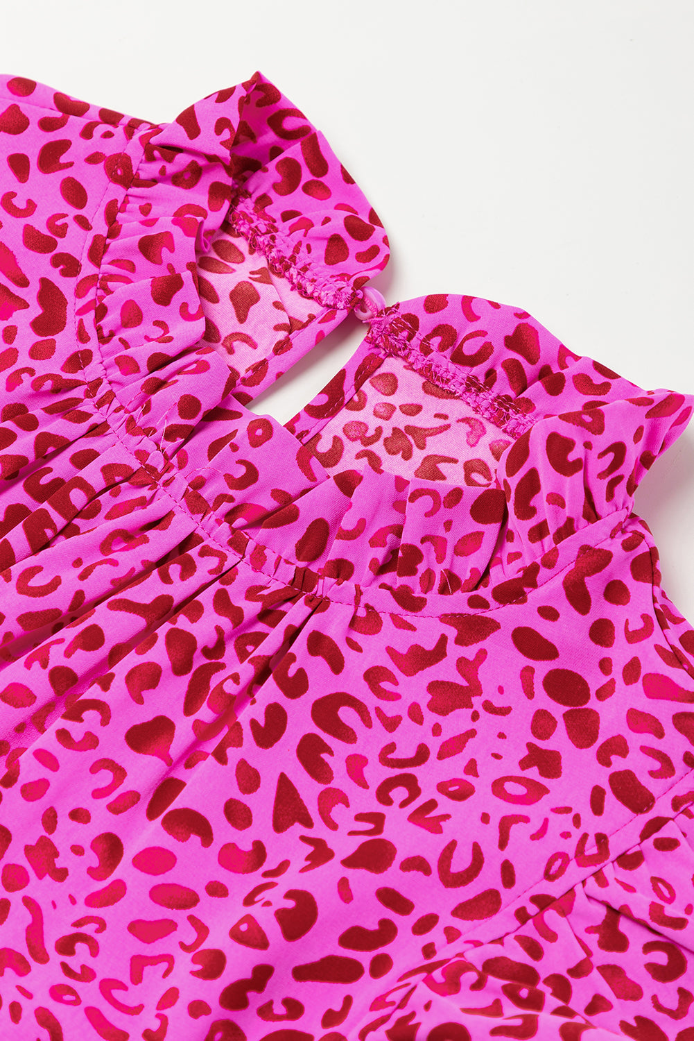 Rose Red Leopard Print Ruffled Trim Flutter Sleeve Frilled Neck Tiered Maxi Dress