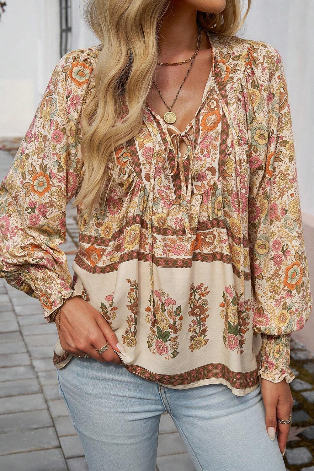 khaki Floral Print Tie Neck Lantern Sleeve Blouse