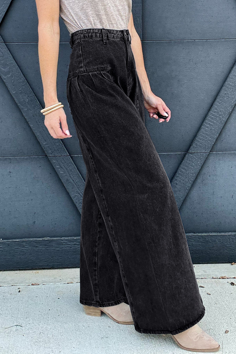 Pleated Wide Leg Mineral Wash Denim Pants | Dark Grey | US 6–16
