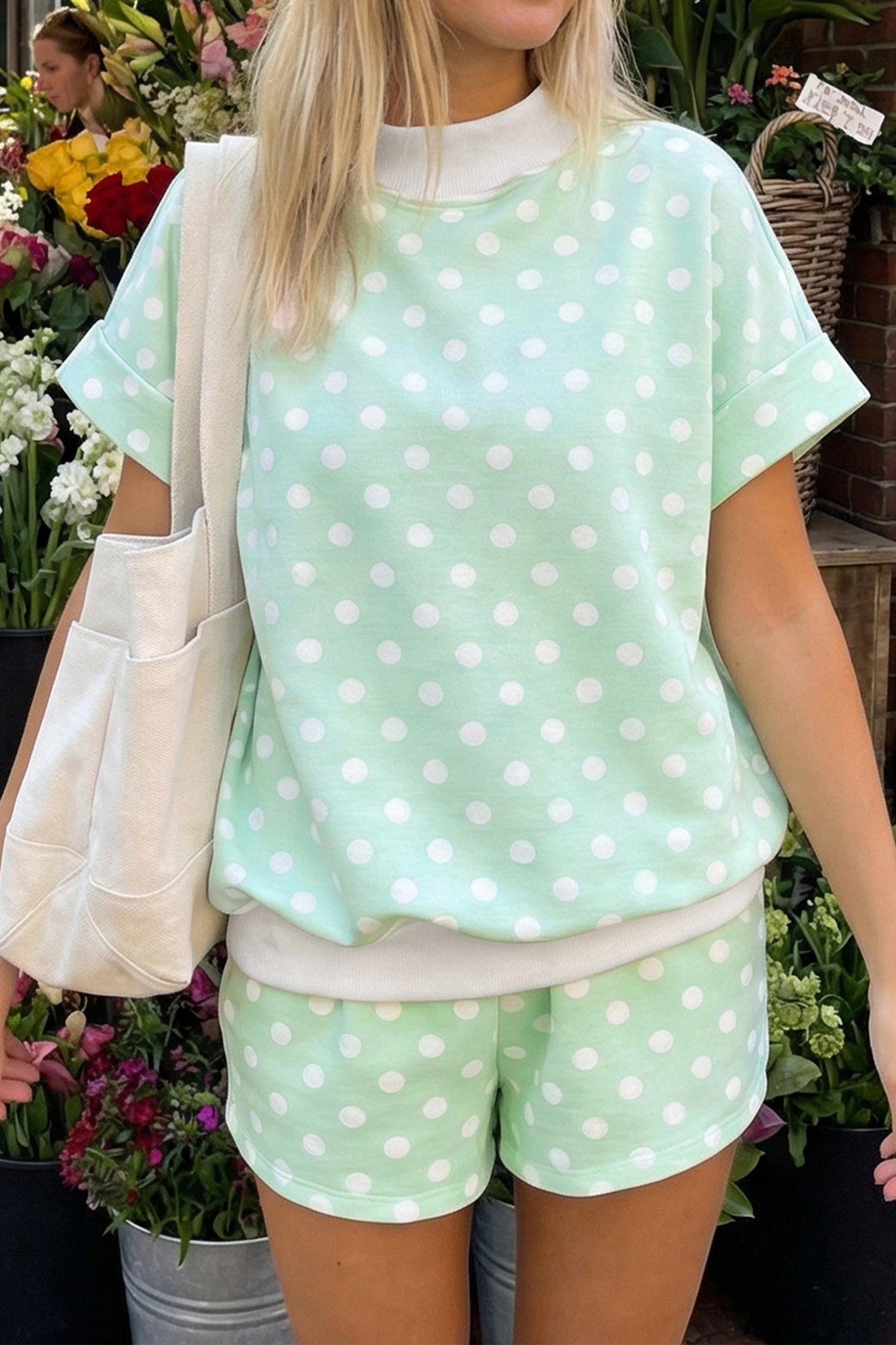 Polka Dot Mock Neck Two-Piece Short Set Women S–XL