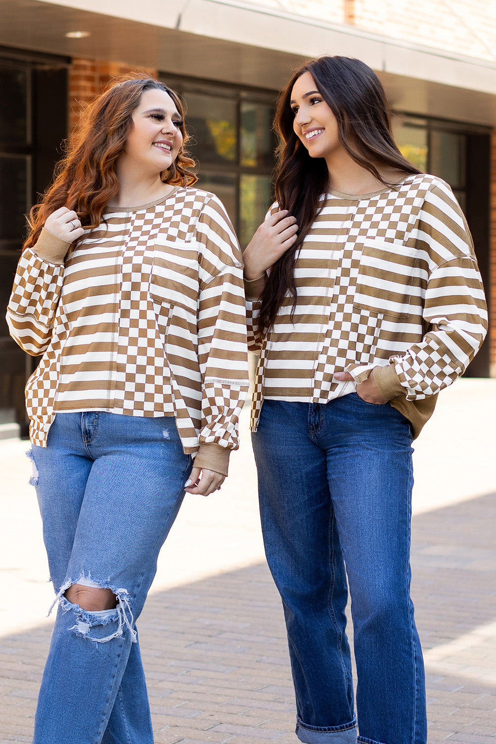 Striped Checkered Mixed Print Chest Pocket Top | Khaki | 1X–4X