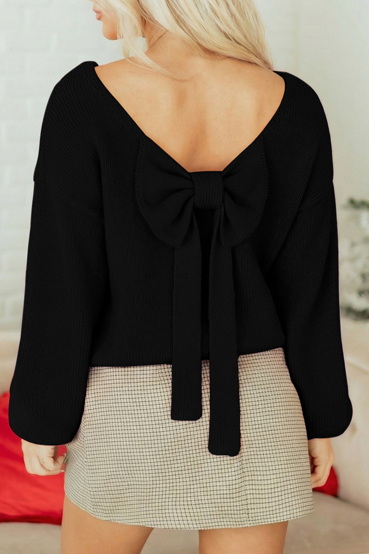 Bow Backless Bubble Sleeve Sweater | Black