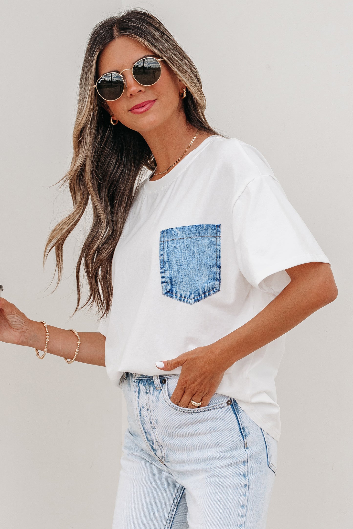 Color Block Short-Sleeve Top with Printed Patch Pocket | Sail Blue & White