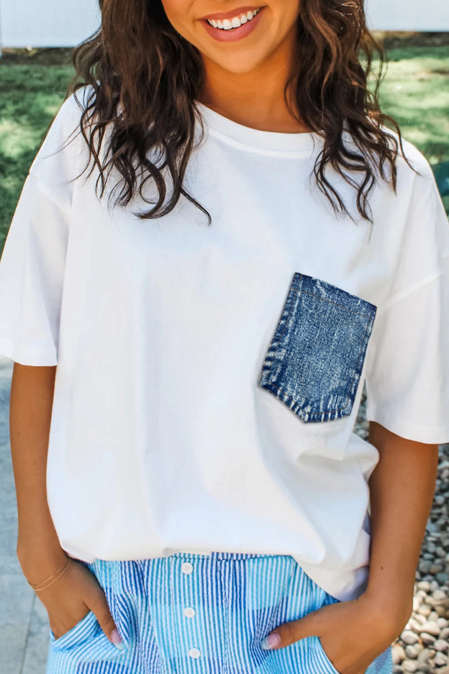 Color Block Short-Sleeve Top with Printed Patch Pocket | Sail Blue & White