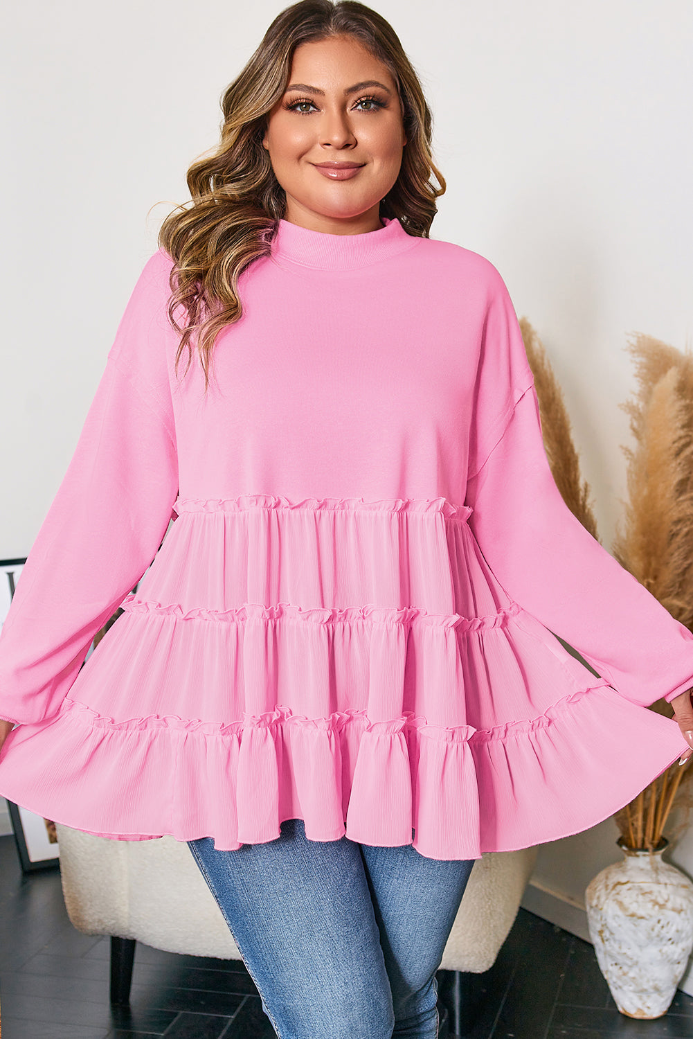 Tiered Ruffle Baby Doll Top – Plus Size Pink 1X–4X