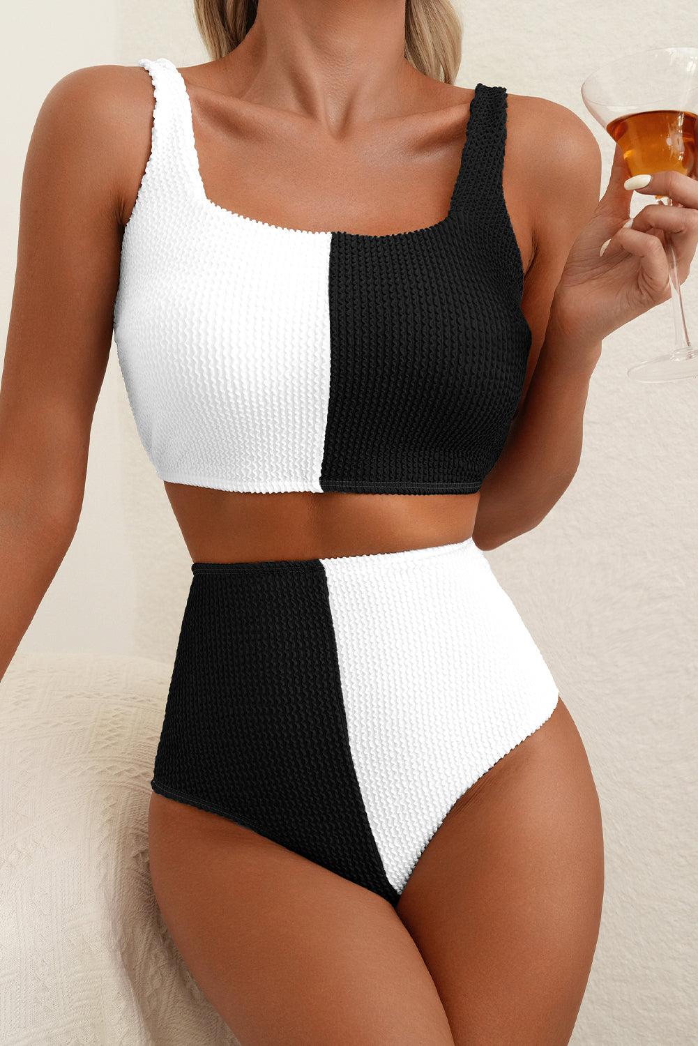 Corded Colorblock Square-Neck Bikini Set | High-Waist | Pink, White, Black & Sky Blue