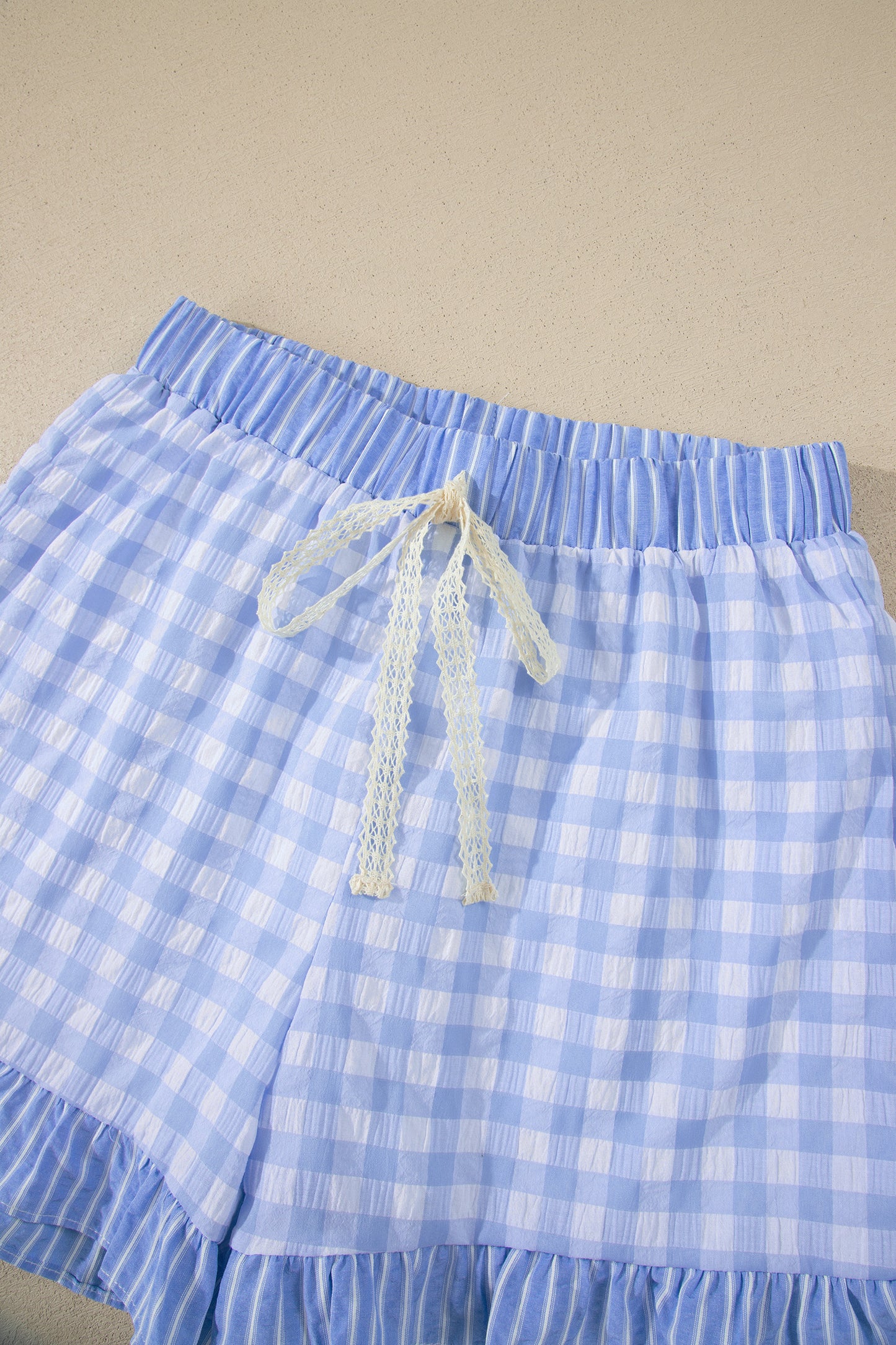 Plaid Print Ruffle Shorts with Striped Detail & Lace Tie | Women S–XL