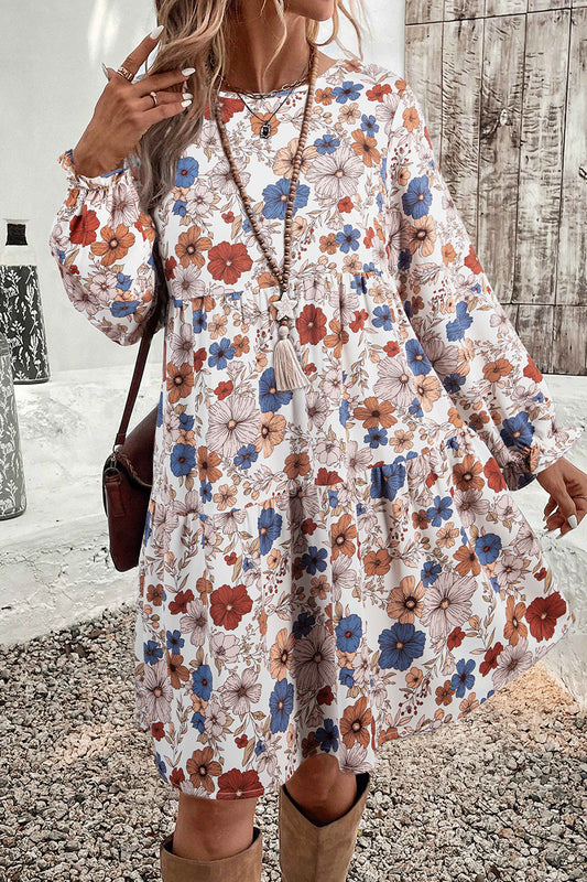 Tiered Floral Round Neck Ruffled Long Sleeve Dress