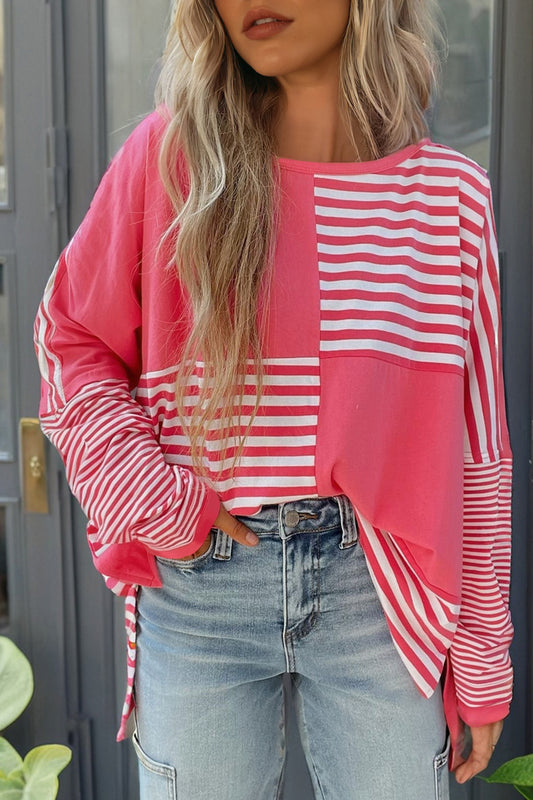 Pink Stripe Colorblock Drop Shoulder Long Sleeve Tunic Top Women S–XL