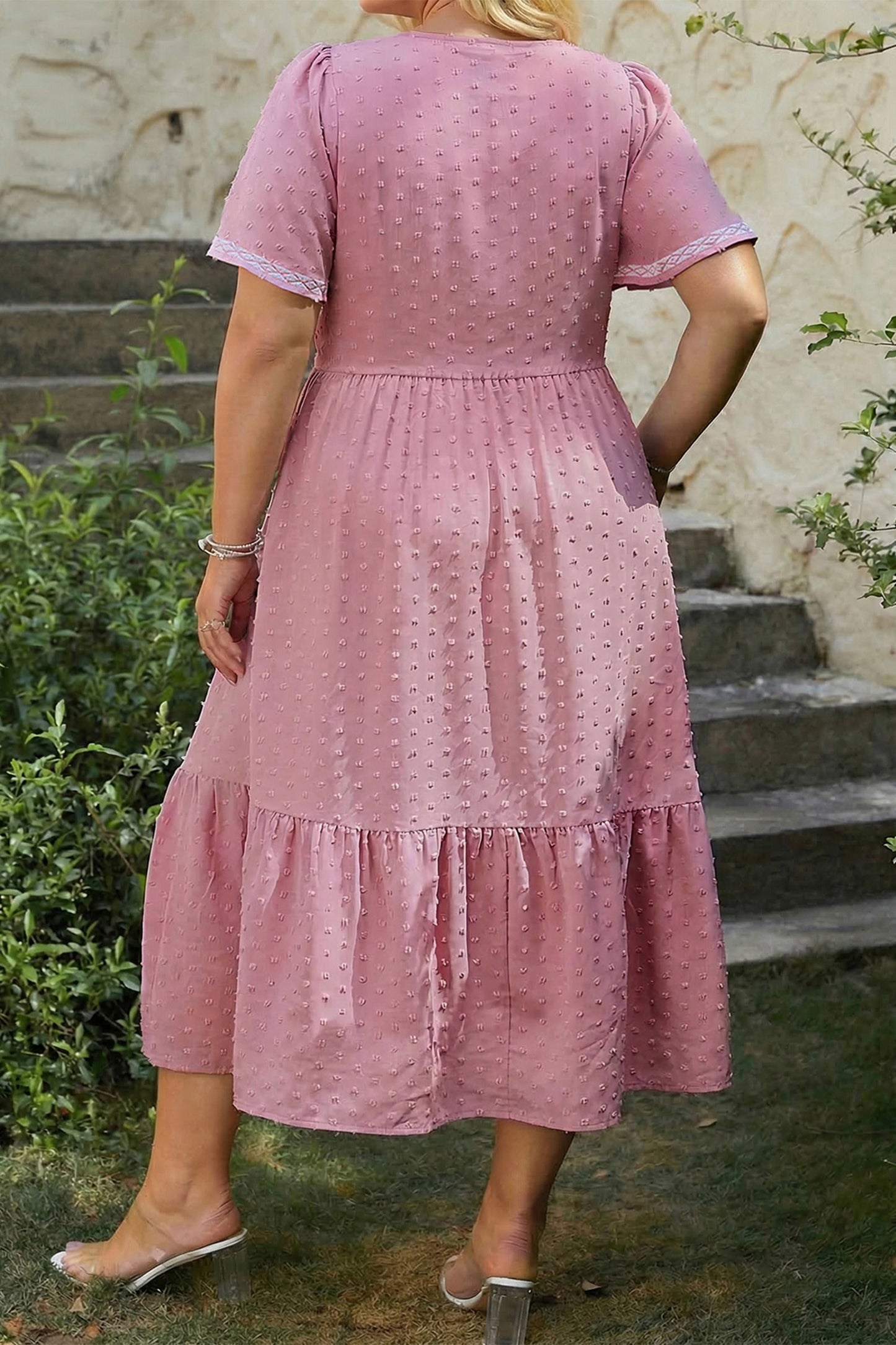 Plus Size Swiss Dot Smocked High Waist Flowy Midi Dress Pink 1X–4X