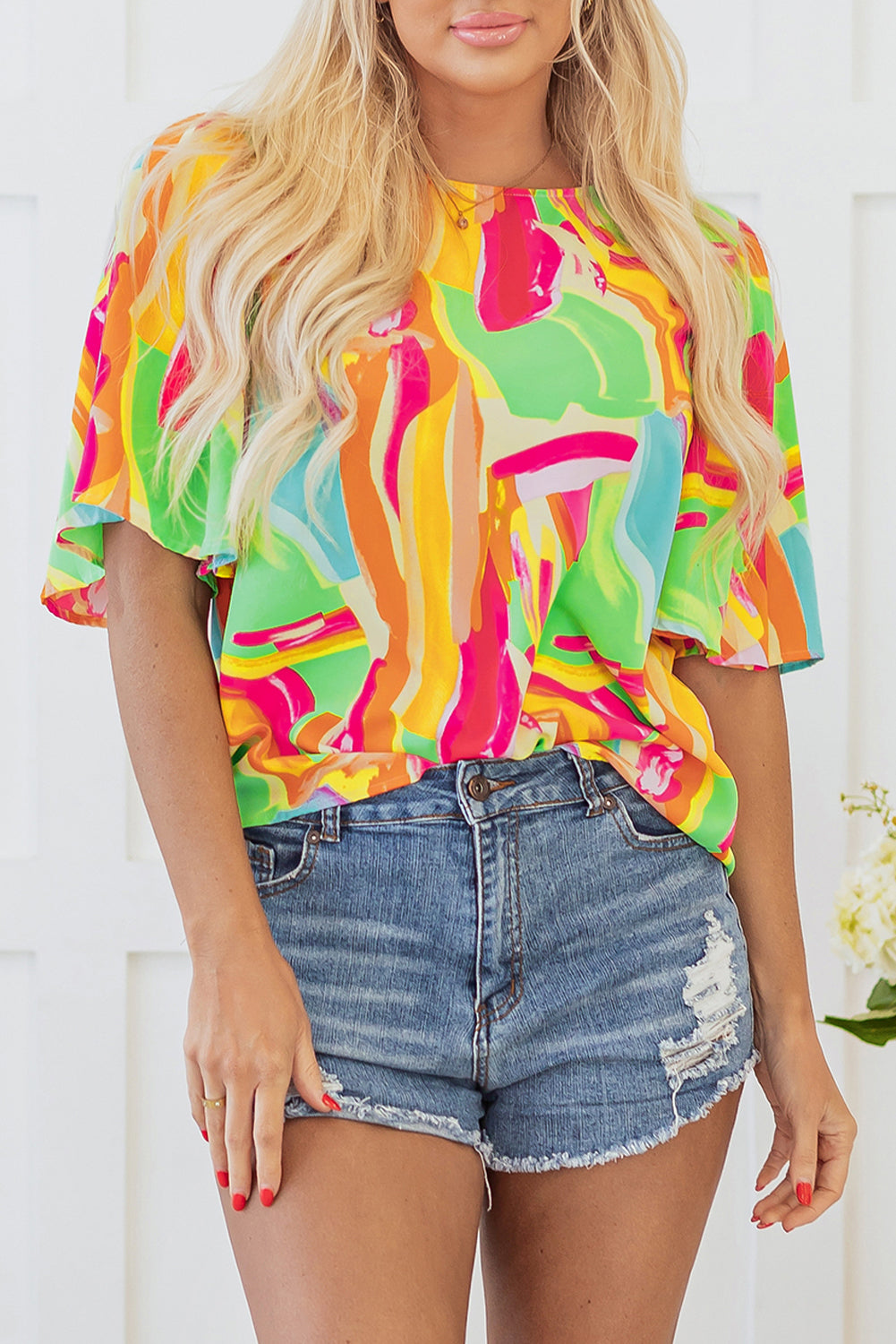 Multicolour Abstract Print Keyhole Back Pleated Half Sleeve Blouse – Women's Modern Art Top (S–XL)