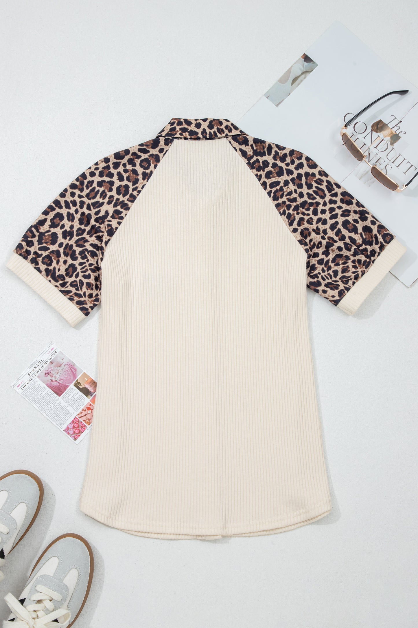 White Ribbed Leopard Patchwork Short Sleeve Shirt | Women S–XL