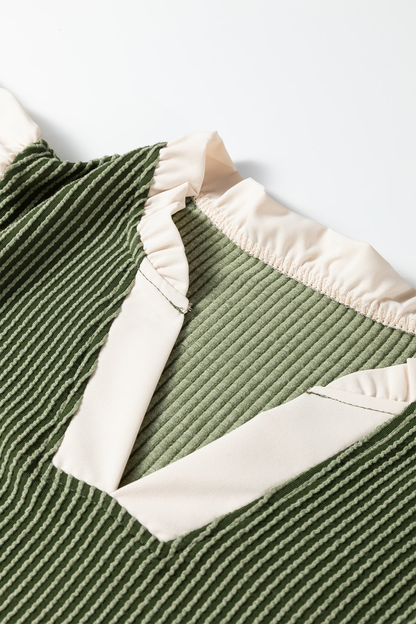 Frilled Neckline Ruffled Sleeve Ribbed Blouse | Plus Size | Vineyard Green | L–4X