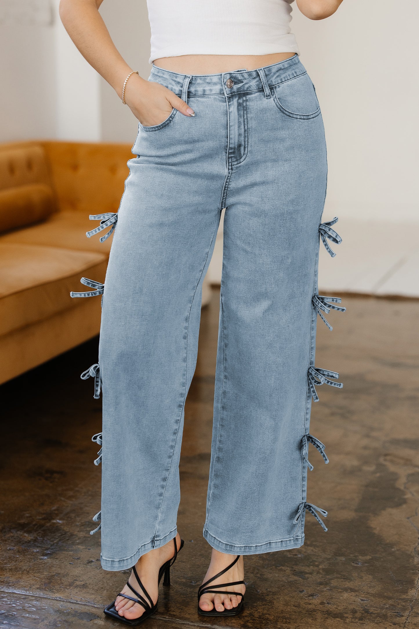 Light Blue Bow Knot Side Detail High Waist Straight Leg Jeans